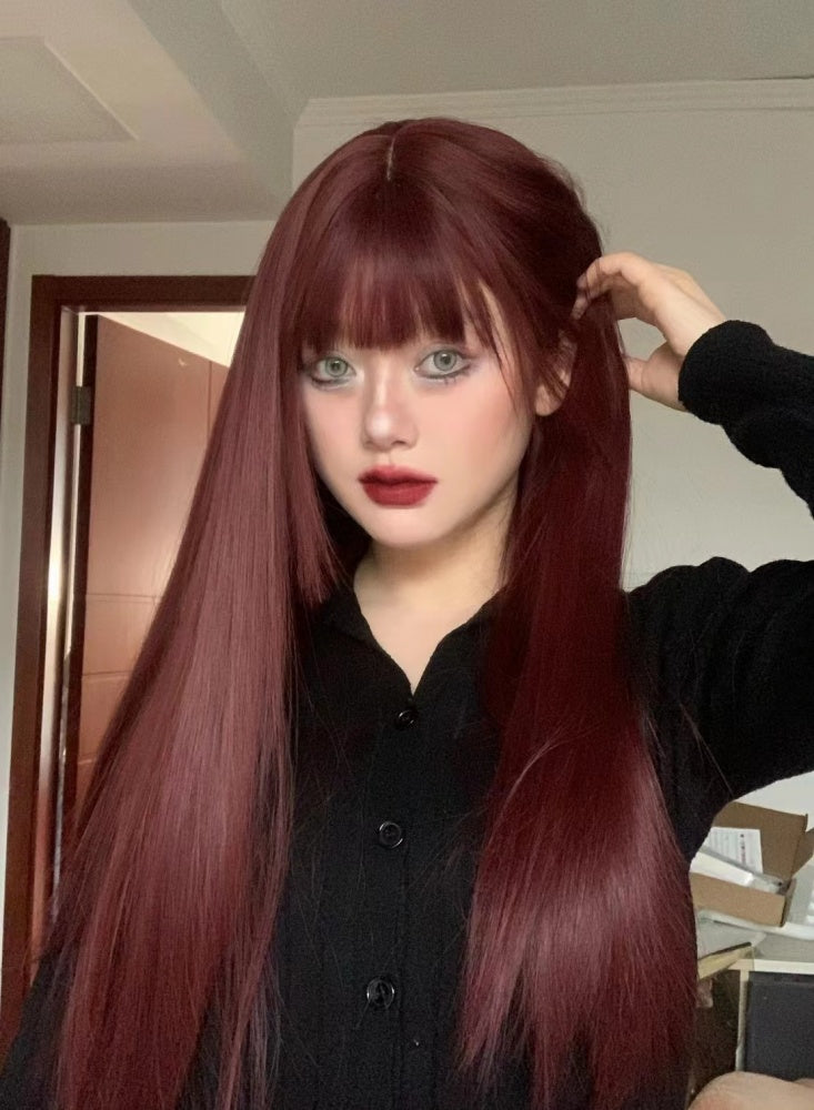 Wine Red Long Straight Synthetic Wig with Bangs