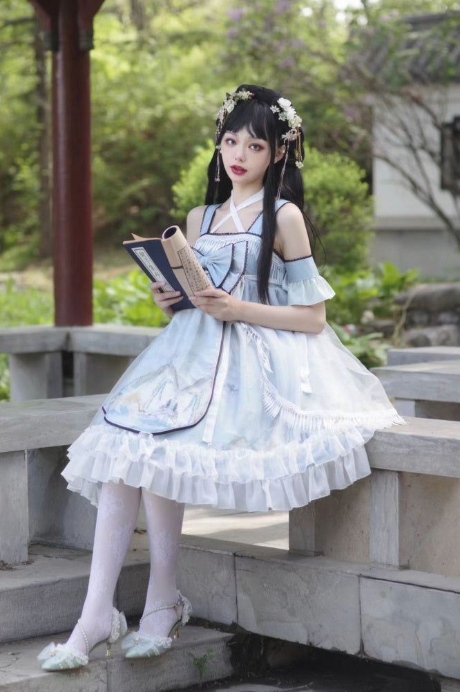 Link Landscape Print Han Lolita Big Bow Jumper Skirt