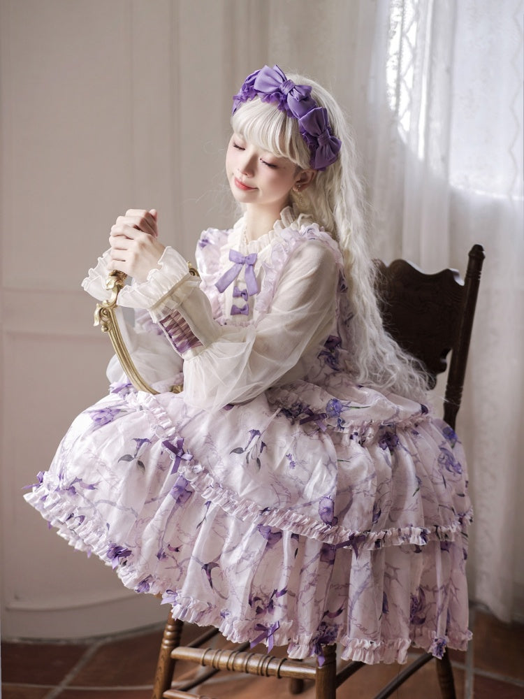 White and Purple Fake Two-pieces Design Floral Print Ruffle Bodice Long Sleeves Lolita OP