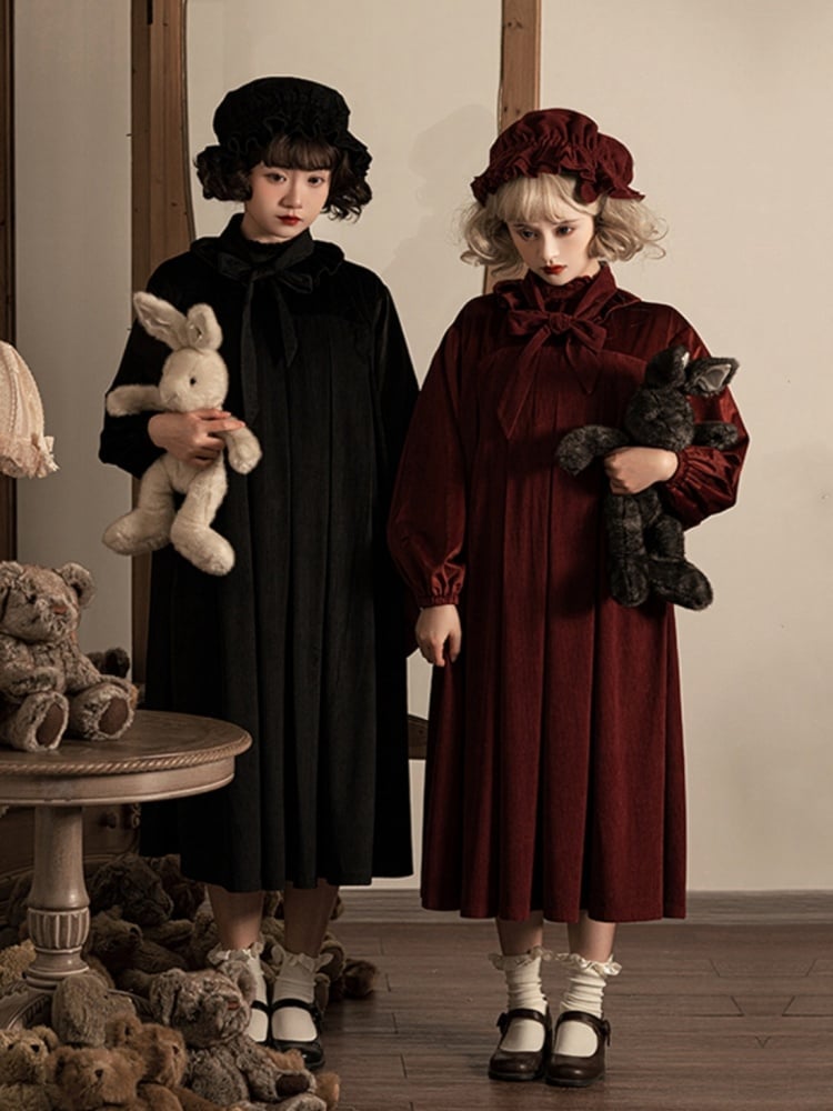 Winona Red/Black Velvet and Corduroy Ruffle Neckline Long Balloon Sleeves One Piece