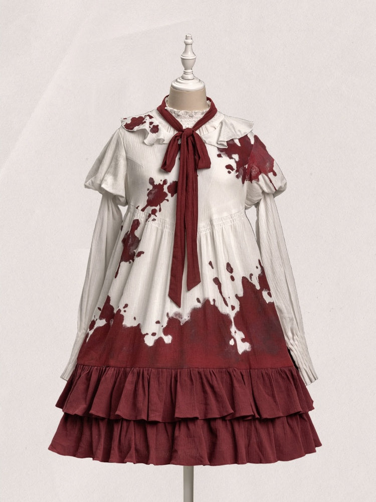 Romeo Collection White and Red Lace-up Front Ruffle Hemline Short Sleeves Lolita OP