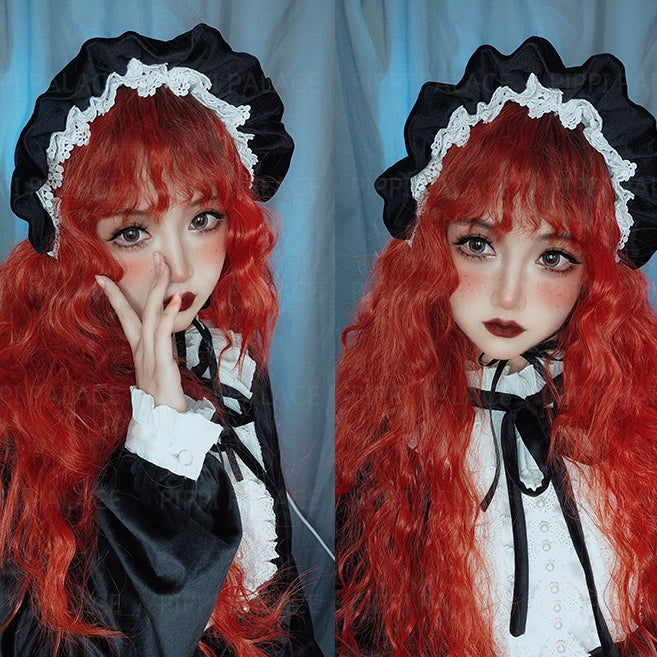 In Stock Long Wool Curly Black Red Ombre Wig