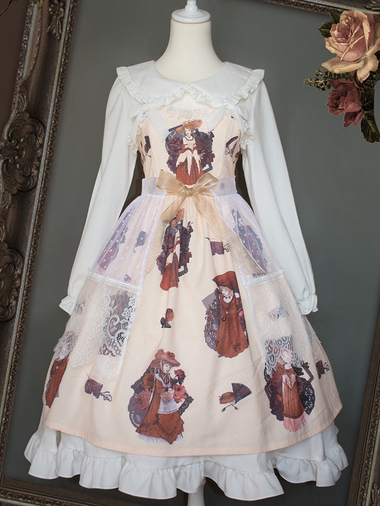 In Stock My Lady Print Light Apricot High Waist Jumper Skirt