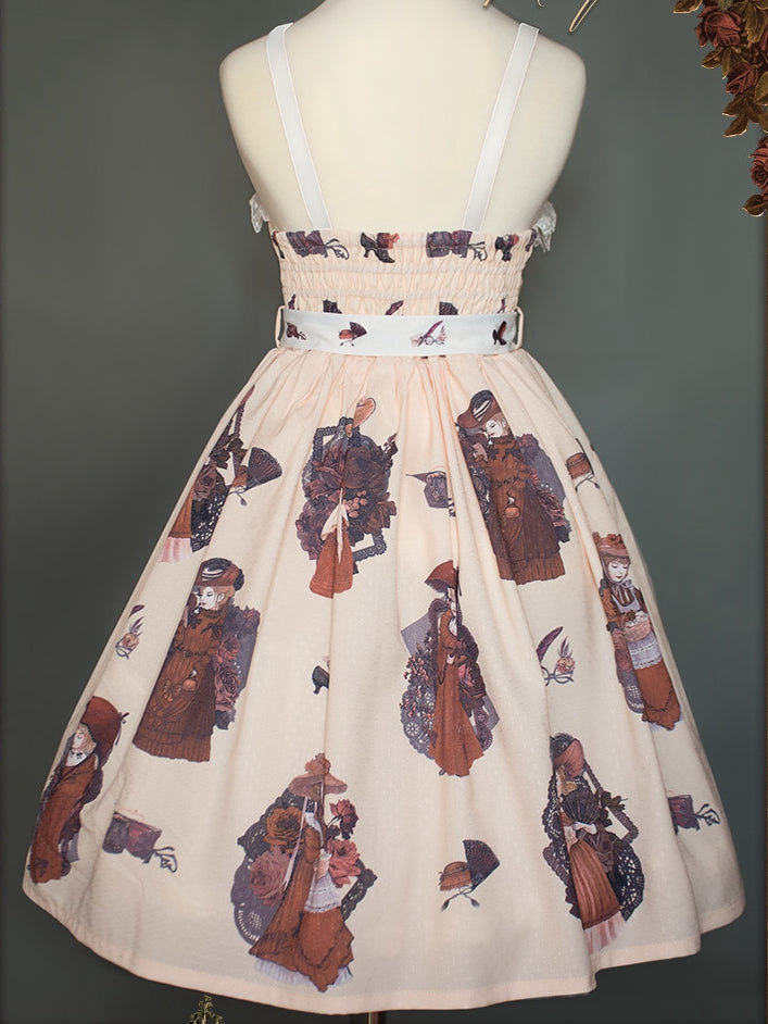 In Stock My Lady Print Light Apricot High Waist Jumper Skirt