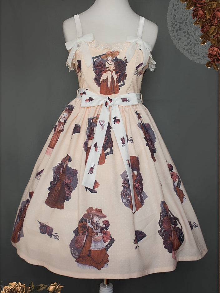 In Stock My Lady Print Light Apricot High Waist Jumper Skirt
