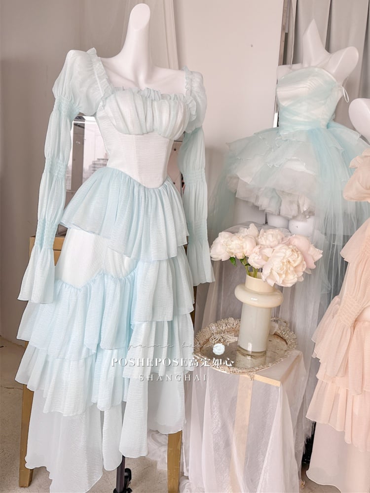 Light Blue High Waist Asymmetrical Flounce Hem Tiered Dress