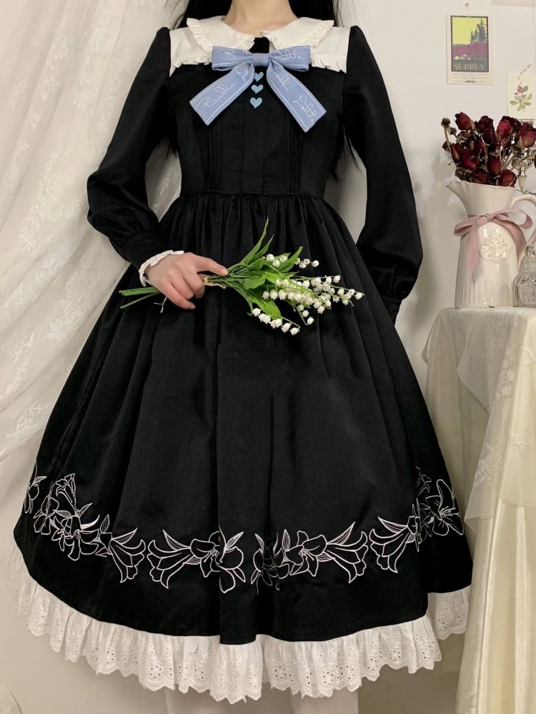 Lily in Early Snow Maidservant Style Ruffle Trim Black One Piece