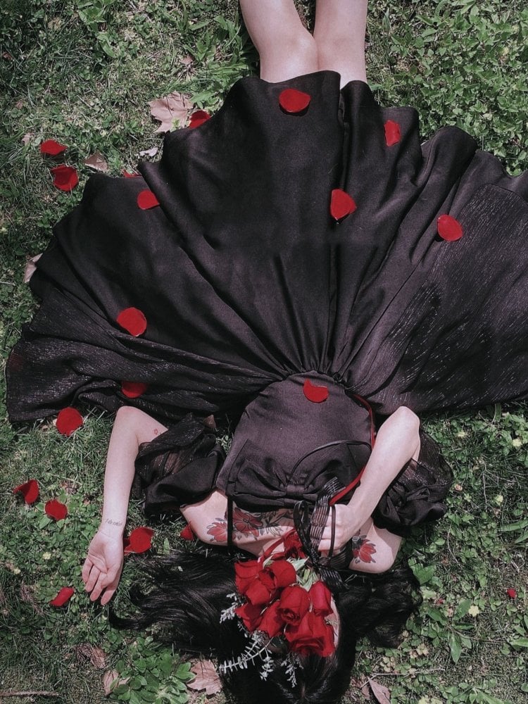 Long Version Morning Dew Black Off-the-shoulder Neckline Short Sleeves One Piece