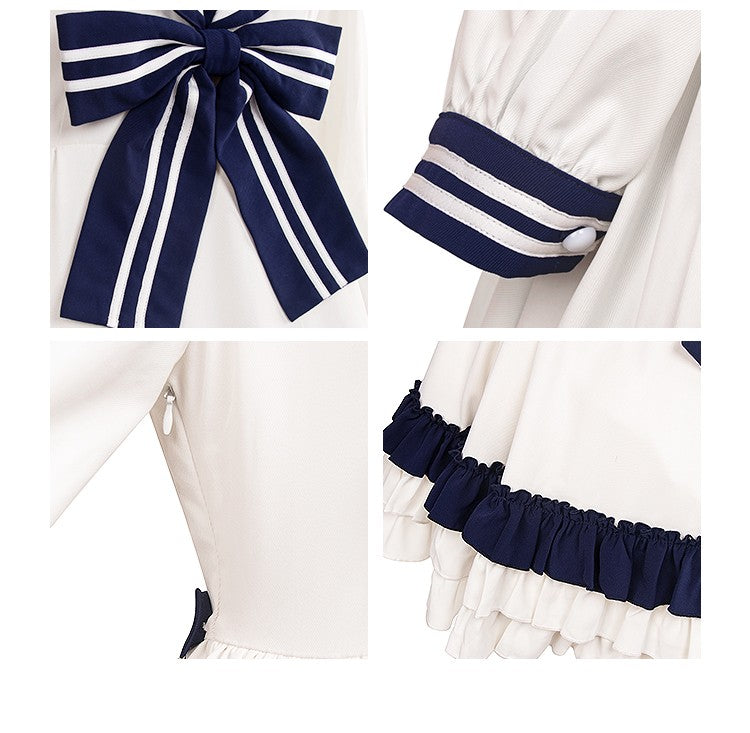 In Stock Bowknot Details Ruffle Hem Sailor Collar Long Sleeves One Piece
