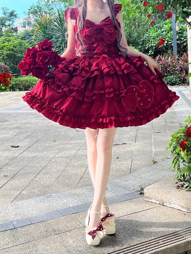 7 Color Options Lace-up Detail Sweetheart Neckline Ruffle Trim Hem Jumper Skirt