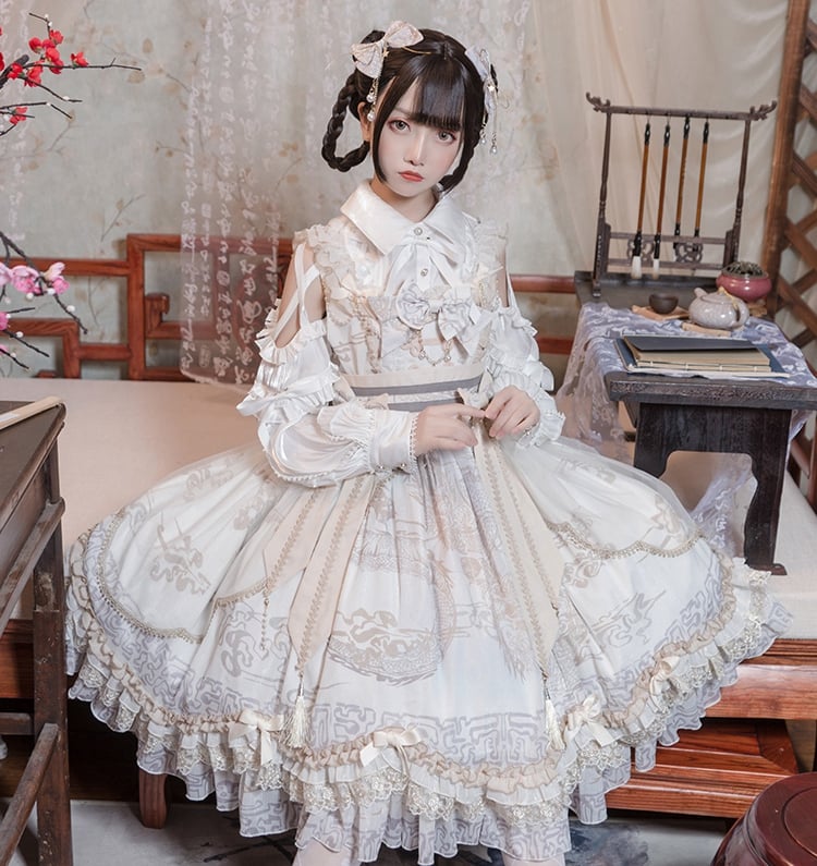In Stock Chinoiserie Style Pattern Design Dragon Print Bowknot Details Jumper Skirt