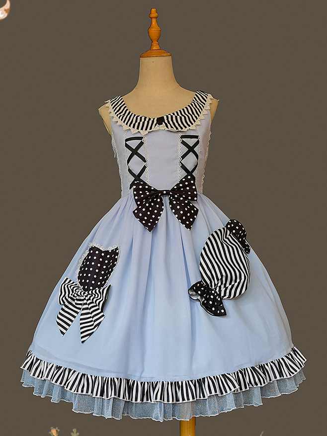 Alice's Candy Rounded Flat Collar Natural Waist Ruffle Hem Jumper Skirt/JSK+Sash Set