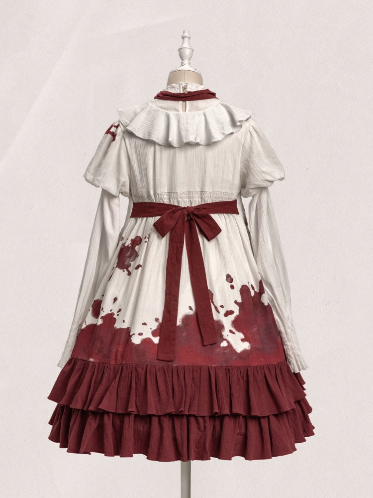 Romeo Collection White and Red Lace-up Front Ruffle Hemline Short Sleeves Lolita OP