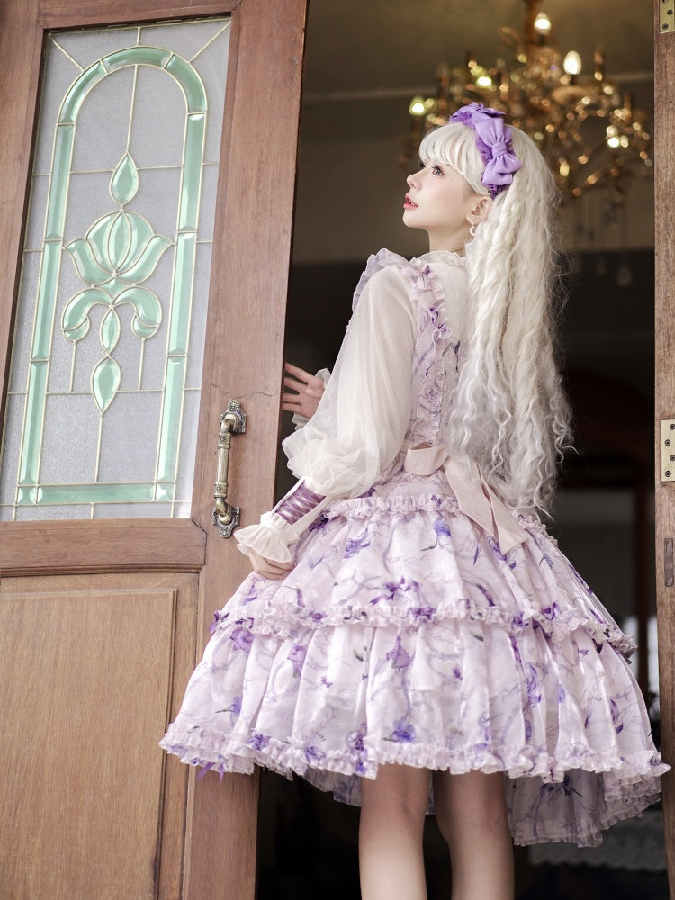 White and Purple Fake Two-pieces Design Floral Print Ruffle Bodice Long Sleeves Lolita OP