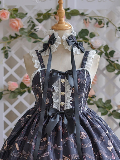 Ready to Ship-Black Jumper Skirt Sweetheart Neckline Bowknot Details Ruffle Hem