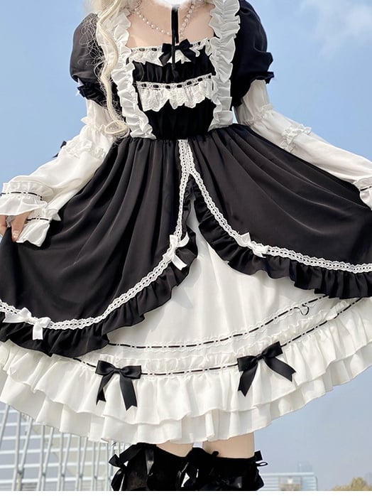 White Night Aurora Black and White Old School One Piece with Removable Bell Sleeves