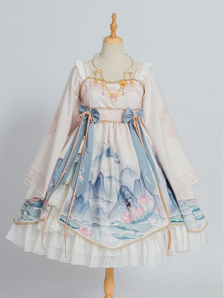 Chinoiserie Mountains-and-waters Painting Print Long Sleeves Lolita OP
