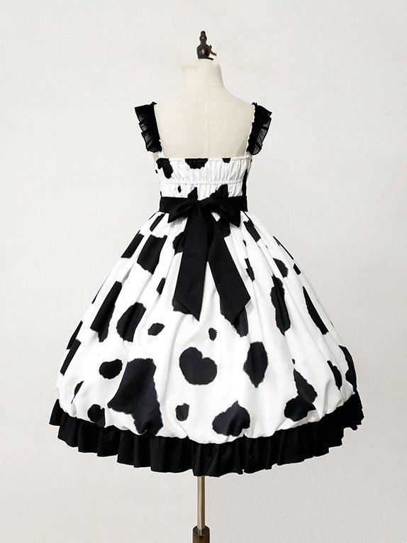 Spotted Print Square Neckline Ruffle Hemline HIgh Waist Jumper Skirt