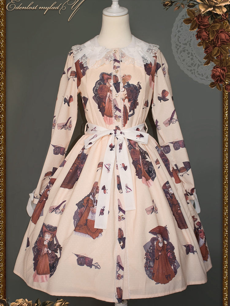 In Stock My Lady Print Bowknot Peter Pan Collar Apricot Long Sleeves One Piece