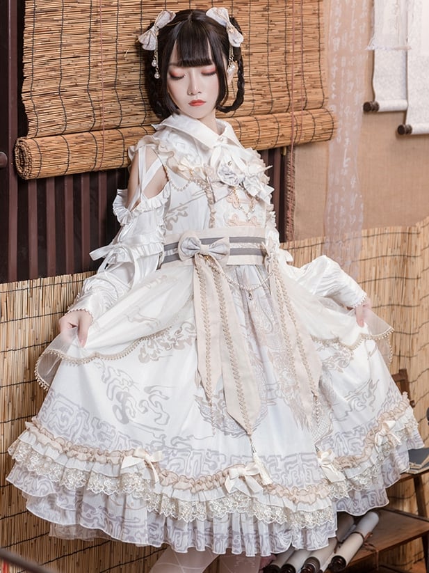 In Stock Chinoiserie Style Pattern Design Dragon Print Bowknot Details Jumper Skirt