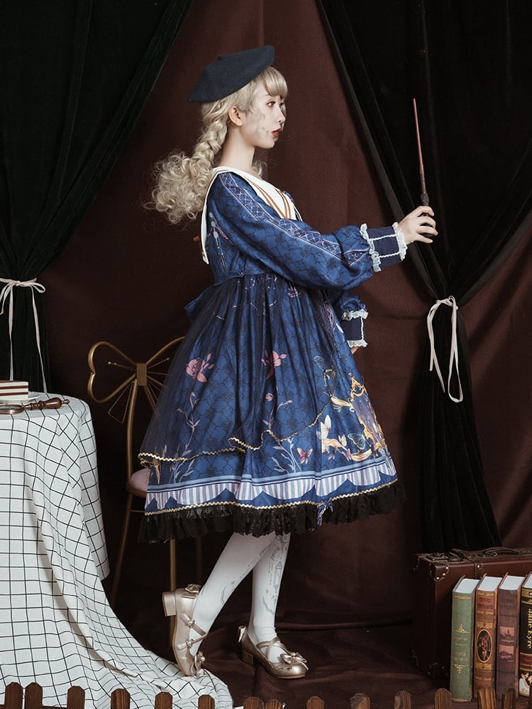 White Butterflies Print High Waist Long Sleeves One Piece