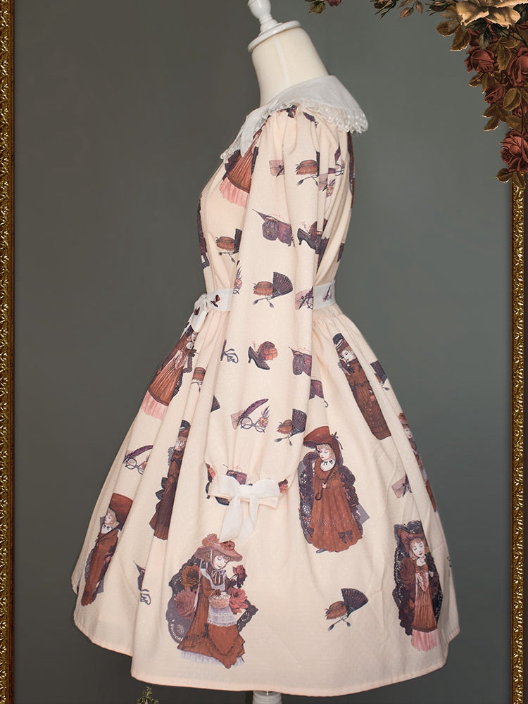 In Stock My Lady Print Bowknot Peter Pan Collar Apricot Long Sleeves One Piece