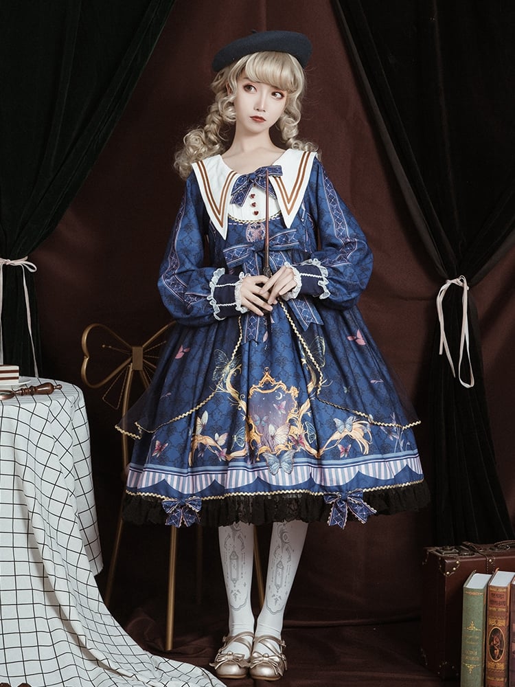 White Butterflies Print High Waist Long Sleeves One Piece