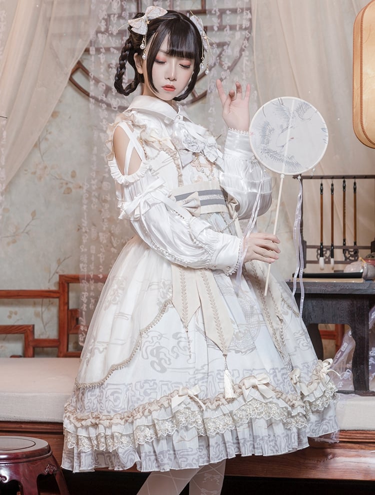 In Stock Chinoiserie Style Pattern Design Dragon Print Bowknot Details Jumper Skirt