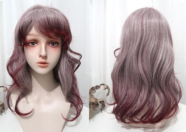 White and Wine Red Ombre Hair Color Long Wavy Synthetic Wig