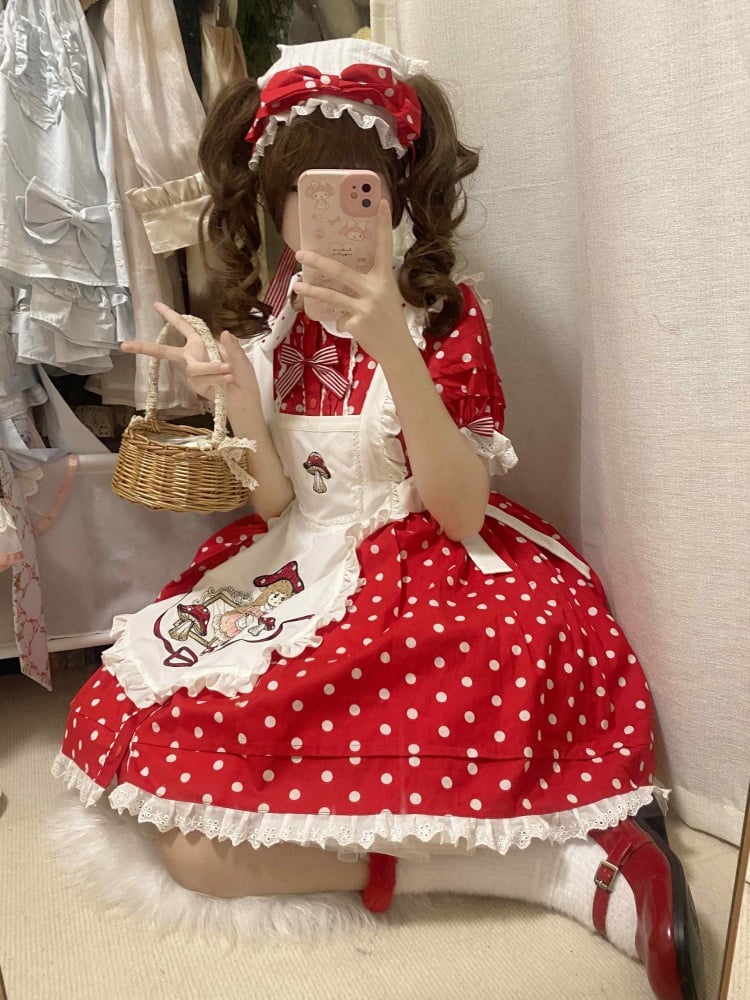Picking Mushroom White and Red Polka-dot Pattern Short Sleeves One Piece