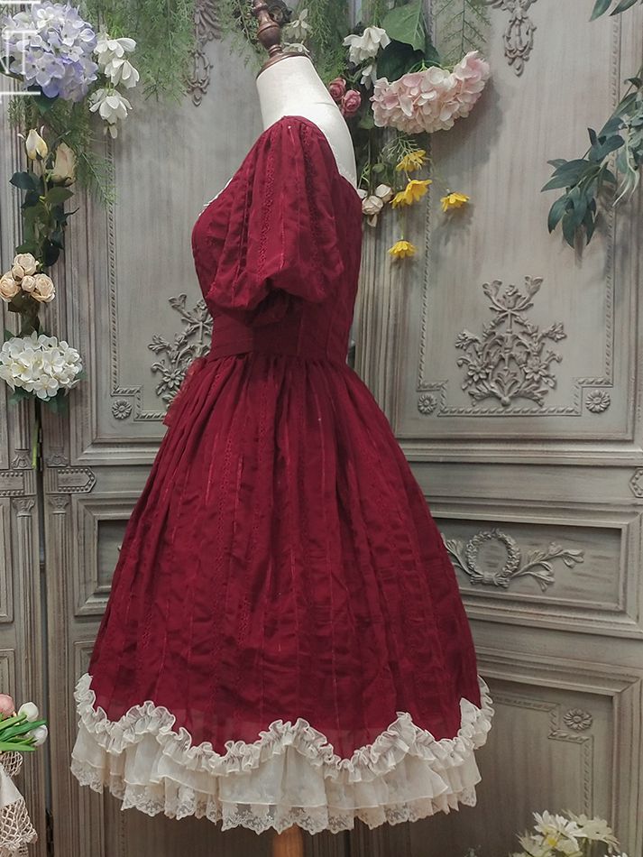 Tulip 1.0 Tiered Skirt and Ruffle Trim Short Sleeves One Piece Version A (Lace Applique Neckline)/Version B