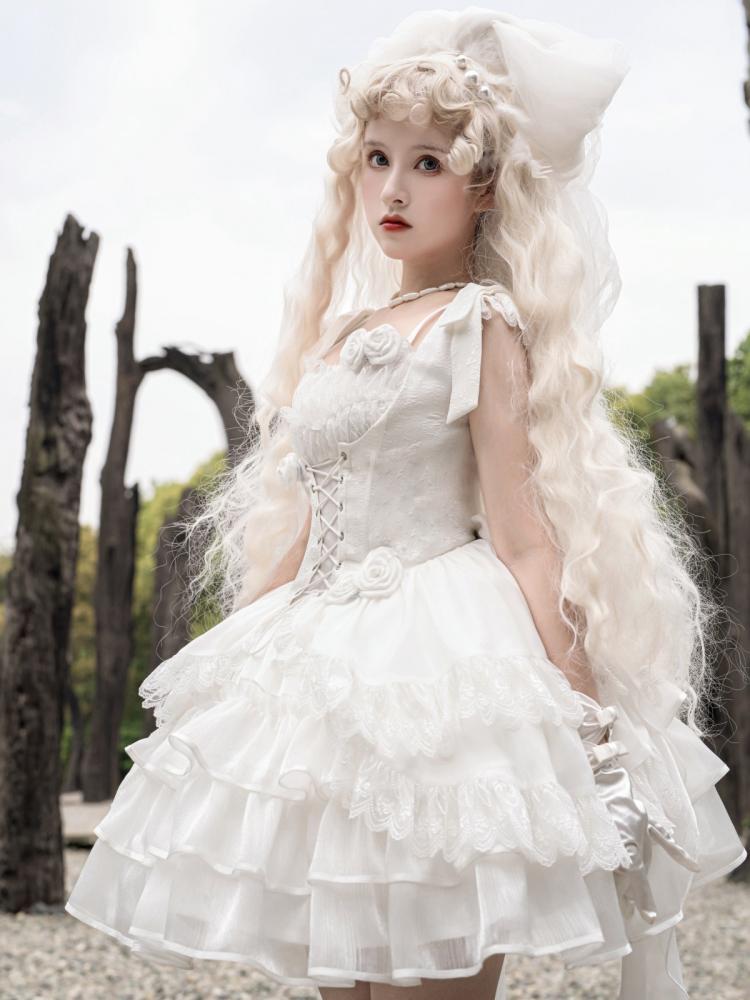 White Ruffle Hem Thin Shoulder Straps Jumper Skirt + Waistcoat Set