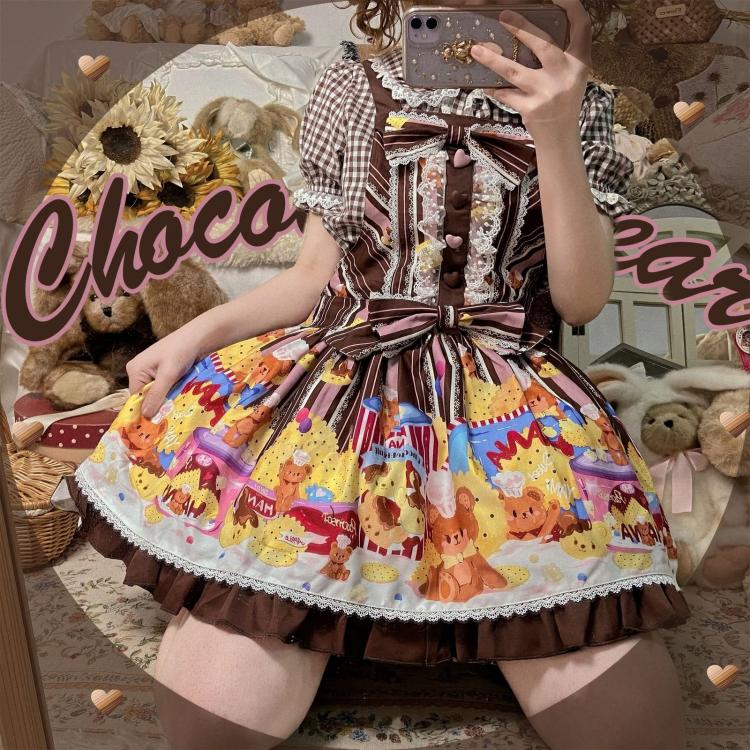 Little Bear and Pot Built-in Petticoat Bear and Biscuit Print Overalls