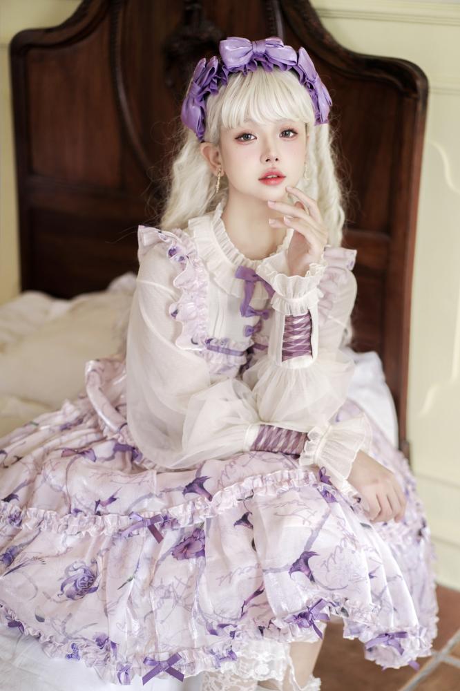 White and Purple Fake Two-pieces Design Floral Print Ruffle Bodice Long Sleeves Lolita OP