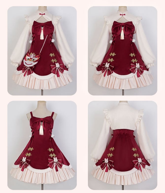 New Year Rabbit Red Bowknot Details Lace-up Bodice Jumper Skirt