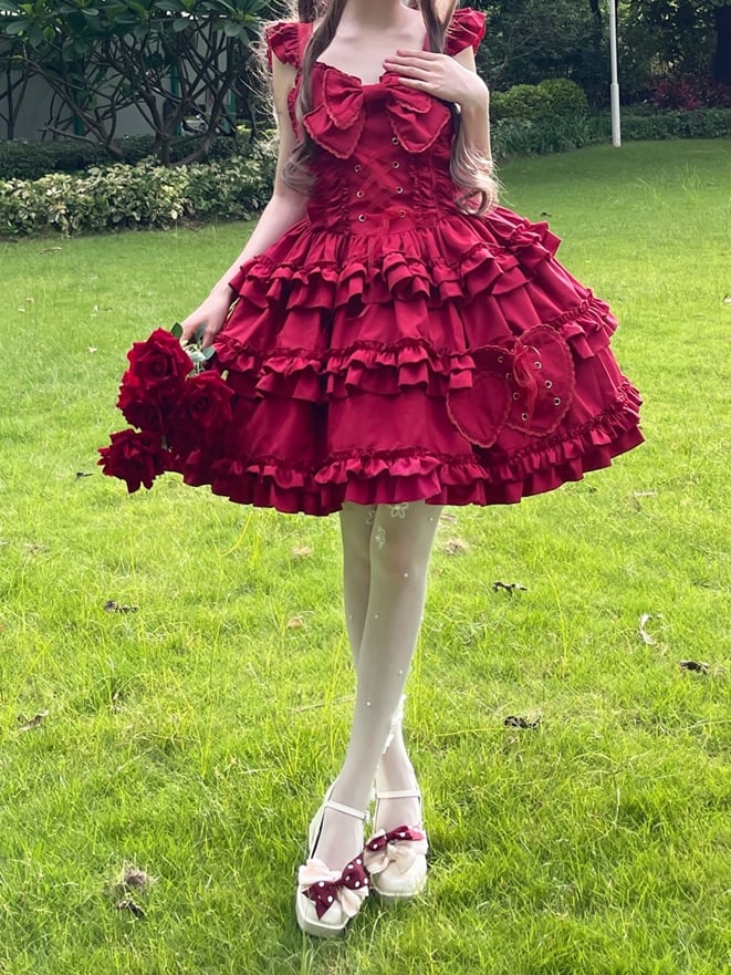 7 Color Options Lace-up Detail Sweetheart Neckline Ruffle Trim Hem Jumper Skirt