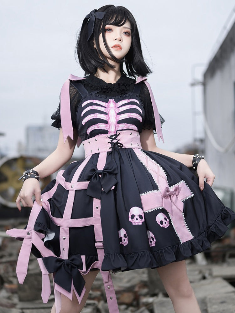 In Stock Dark Birdcage Skull Print Bowknot High Waist Lolita JSK