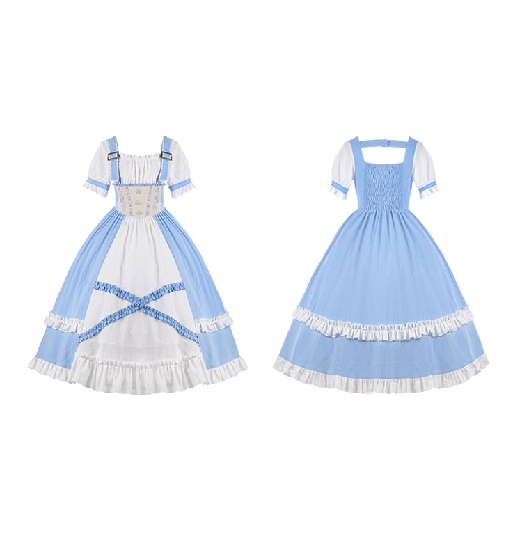 Square Neckline Rose Embroidery Waist Blue and White One Piece