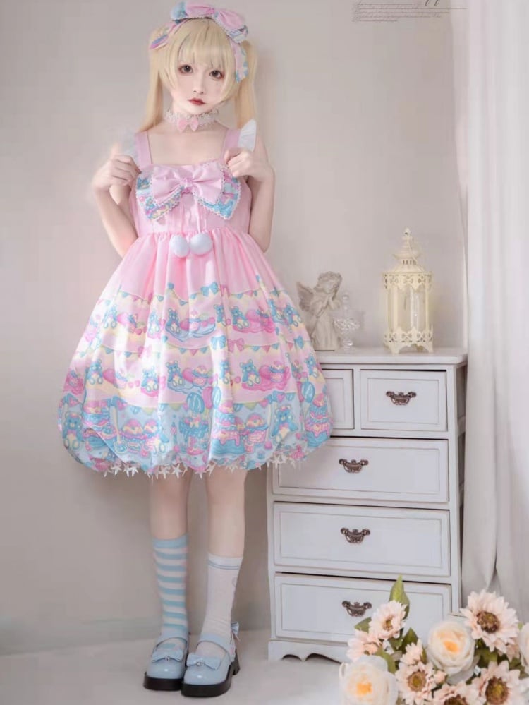 Bear and Dessert Print Stars Tassel Hem Bubble Skirt Lolita JSK