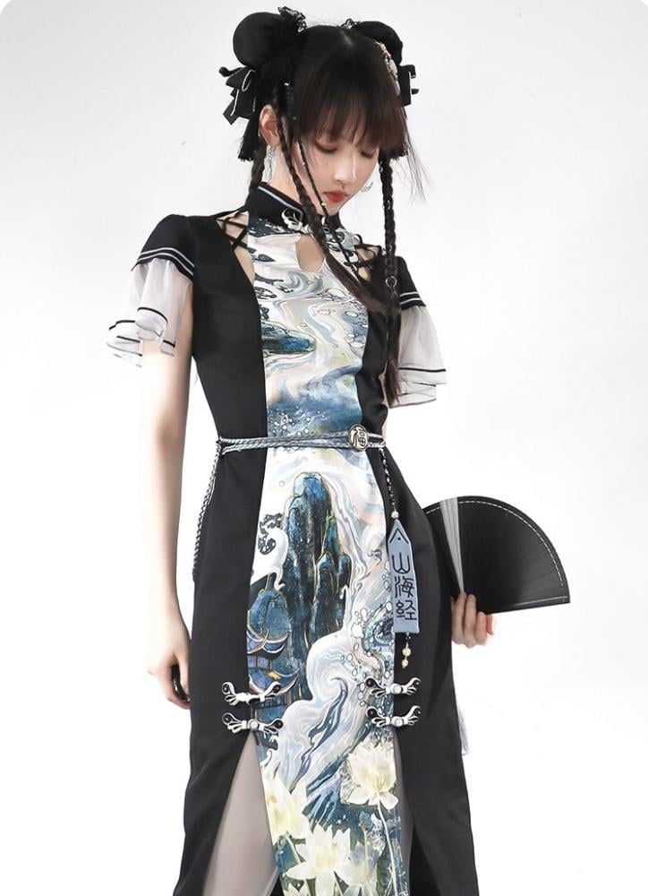 The Mountain Han Elements Banded Collar Cutout Detail Slit Dress