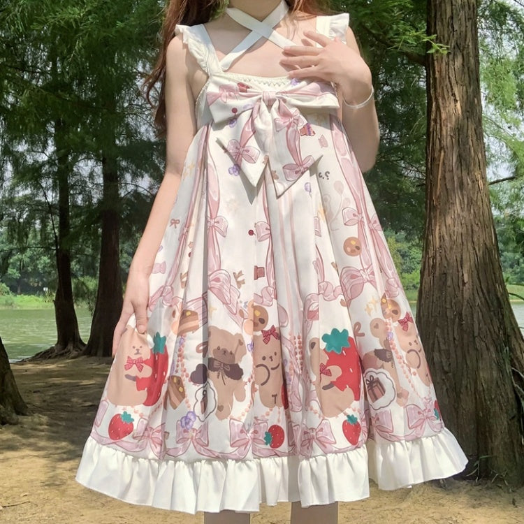 White Bear Print Halter Neck Ruffle Hemline Jumper Skirt