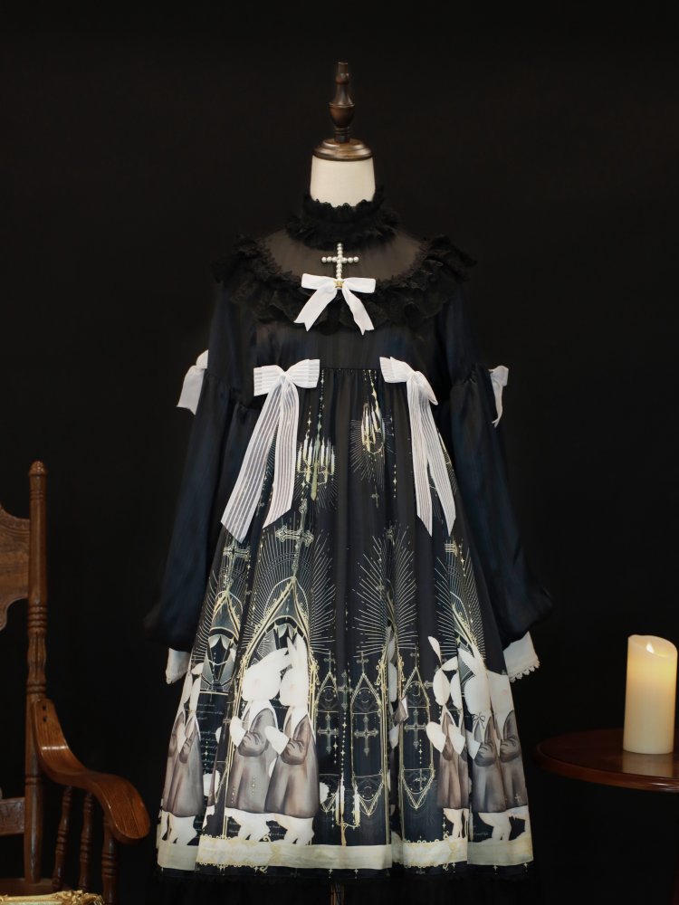 Holy Prayer Color Black Long Version Bunny Print Ruffle Round Neck Long Sleeves One Piece