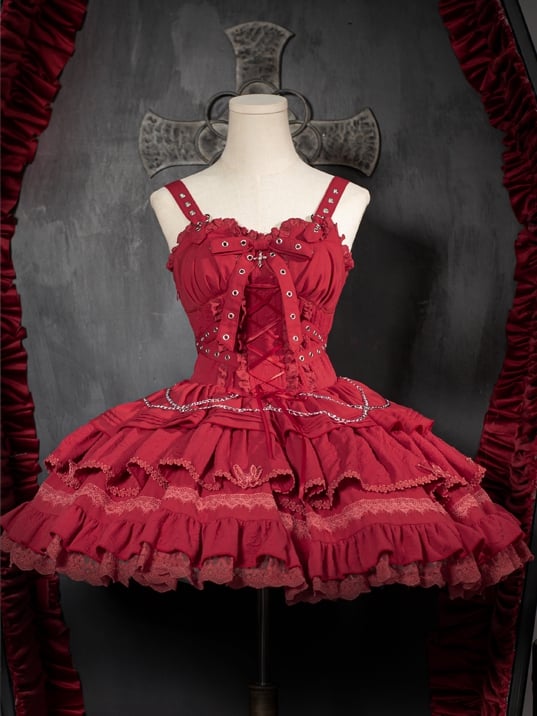 Punk Goth Red Short Jumper Skirt Adjustable Criss-cross Straps Waist