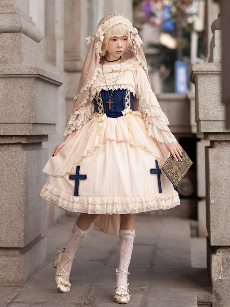 Immortal Song Beige and Dark Blue Ruffle Square Neckline Lace-up Details Jumper Skirt