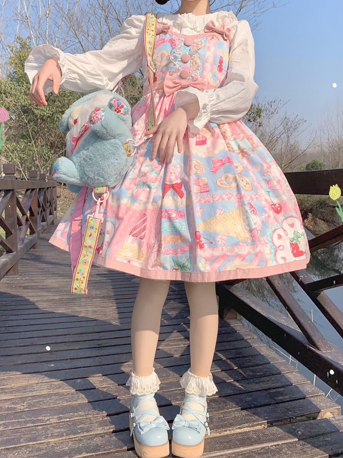 Pink and Blue Strawberry Print High Waist Jumper Skirt