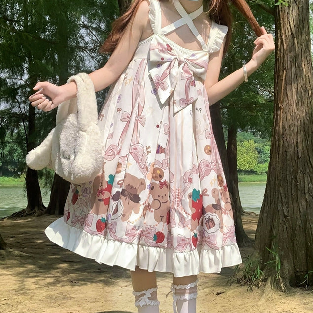 White Bear Print Halter Neck Ruffle Hemline Jumper Skirt