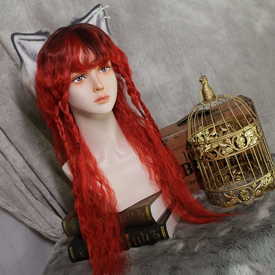 In Stock Long Wool Curly Black Red Ombre Wig