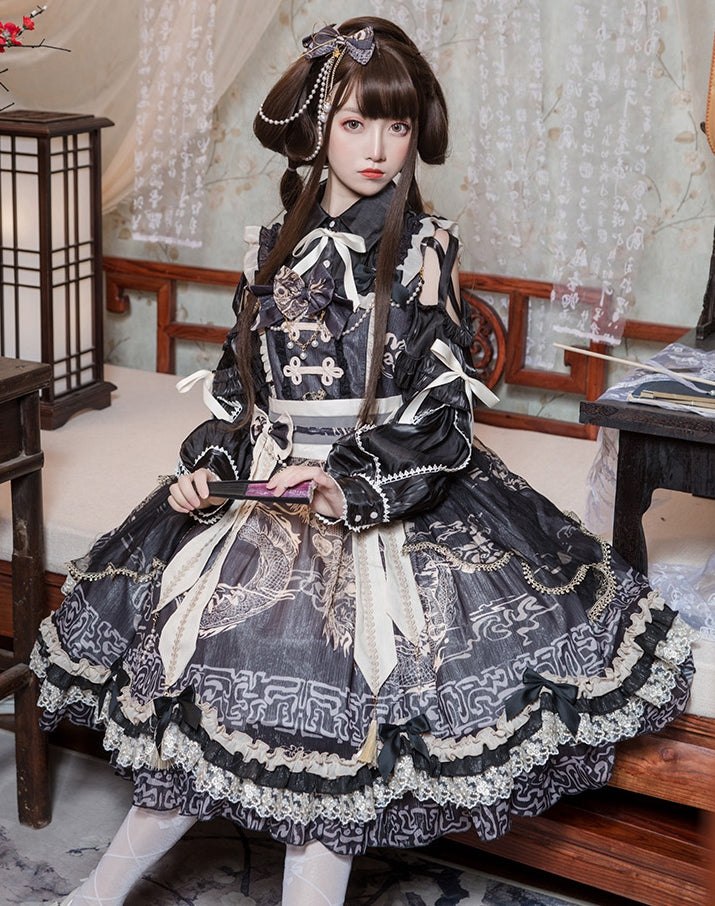 Black Chinoiserie Style Pattern Design Dragon Print Bowknot Details Jumper Skirt