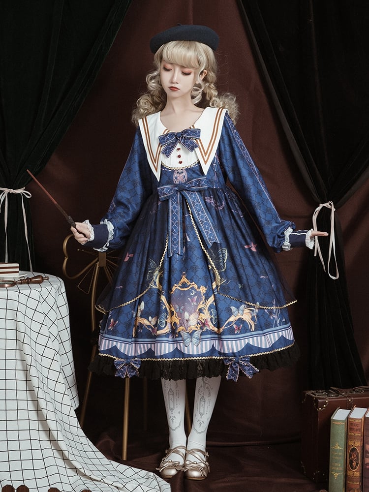 White Butterflies Print High Waist Long Sleeves One Piece