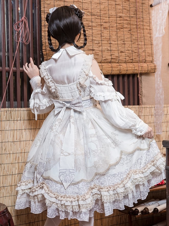 In Stock Chinoiserie Style Pattern Design Dragon Print Bowknot Details Jumper Skirt